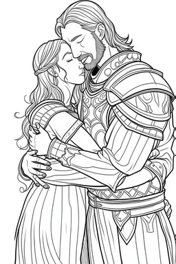 coloring page, minimal detail. HD. Woman hugging a male knight with a beard. No background detail.