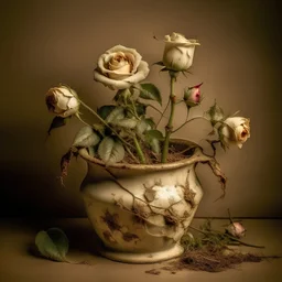 an art of a pot with 4 old and withered dry small roses on a dead greenish beige background