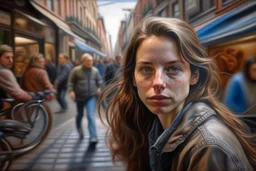 Huge realism photogrphic portrait, face details, on a central street of a European city, leaning on the wall of a cafeteria, a woman photorealistic style, lost gaze towards the sidewalk, behind blurred dynamism of cars, bicycles and pedestrians and shops, 16K