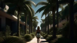 a woman walking down a walkway next to palm trees, a digital rendering by Cedric Seaut (Keos Masons), cg society contest winner, photorealism, vray tracing, vray, daz3d