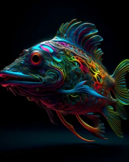 3D rendering of Expressively detailed and intricate of a hyperrealistic “neon vintage ornament”: side view, scientific, single object, vivid colour, fish, sea creatures, black background, shamanism, cosmic fractals, octane render, 8k post-production, detailled metalic bones, dendritic, artstation: award-winning: professional portrait: atmospheric: commanding: fantastical: clarity: 16k: ultra quality: striking: brilliance: stunning colors: amazing depth
