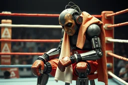 exhausted and damaged retro futuristic mecha animatronic boxer sits in the corner of a boxing ring on a stool with a towel draped over his shoulders, black eye, dents and sparking loose wires, red boxing shorts, dramatic, intricate detail, fine detail, grainy movie still reminiscent of Raging Bull