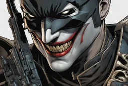 The batman who laughs in 8k comic book artstyle, cover eyes, joker smile, darkness them, close picture, apocalypse, intricate details, highly detailed, high details, detailed portrait, masterpiece,ultra detailed, ultra quality