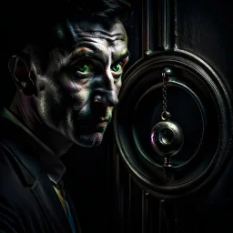 a man leaning against a keyhole, with a keyhole in his eye and a human eye in the keyhole, bizarre, surreal, darkmood