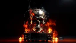 4K. REALISTIC FULL DETAILS. LOGO EMISSION DE RADIO HARDROCK FIRESTARTER TERMINATOR. FLAMMES EN FOND D IMAGE ET STUDIO DE RADIO QUI BRULE