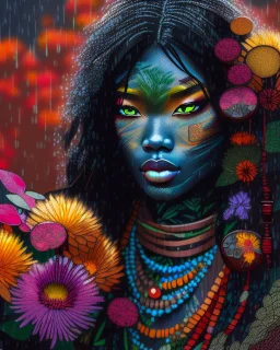 Vibrant autumn foliage in a rain-kissed setting, Ikebana arrangement, Haiku poetry inspiration, Japanese garden elements, autumn asters, Utagawa Hiroshige essence, Isaac Levitan influence, woman with dark skin, tribal markings, mysterious expression, piercing eyes, flowing black hair, colorful beads, layered textiles, bright hues, ornate jewelry, cultural richness, dark, blurred backdrop, GoBi, Наталья И-ва.Mystical character with pale blue scaly skin, icy green eyes, dark eyeliner, cascading da