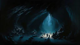 A dark and haunting oil painting of a mysterious cave filled with shadows and unknown creatures