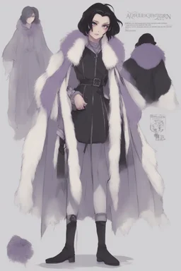 A dnd character sheet. A woman dressed for the cold north in black and white furs, with black hair and lilac eyes.