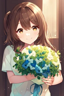 brown eyes brown hair half up center part dusk holding bouquet smiling light green t-shirt woman