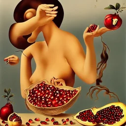 woman picking pomegranate in style of dali