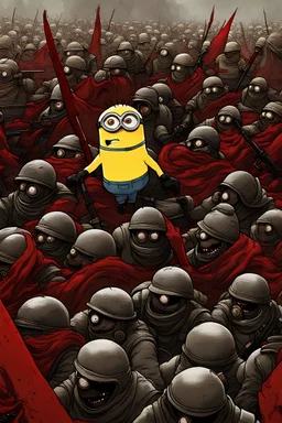 Minions in the red army in an intense firefight with dead minions and bloody bodies around