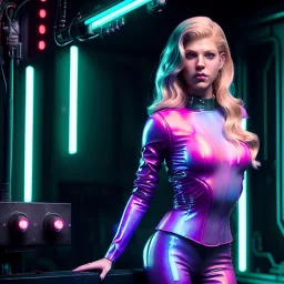 Actress, young Katheryn Winnick, blonde replicant woman, blade runner style, rain, fog, neon ambient, gradient color, clean skin, circuits, latex coat, cyber punk, neon, tubes, portrait, studio photo, unreal engine 5, smooth color, 16 bit, god lights, ray tracing, RTX, lumen lighting, ultra deatail, volumetric lighting, 3d, finely drawn, hd.