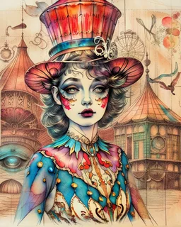 Masterpiece, a delicate ink and watercolor wash rendering on rough handmade paper. A vibrant and imaginative collage unfolds, blending vintage circus charm with surreal whimsy. At its heart stands a glamorous circus performer, wearing a colorful, patterned bodysuit rendered with intricate ink lines and layered washes of sapphire, crimson, and gold. A tall, red top hat crowns her head, sketched with bold strokes and rich scarlet hues. Behind her, a classic circus tent rises, its stripes suggested