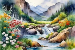 watercolor painting mountain view with waterfall and mountain flowers nearby by MICHAL JASIEWICZ