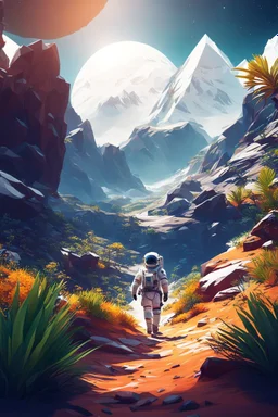 (((close midshot))), (((low poly art:2))), (astronaut), ultra-detailed illustration of an environment on a dangerous:1.2 exotic planet with plants and wild (animals:1.5), (vast open world), astroneer inspired, highest quality, no lines, no outlines candid photography. by Lekrot