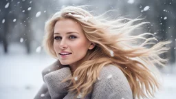 Pretty woman in winter under falling snow, her blond hair waving in the wind