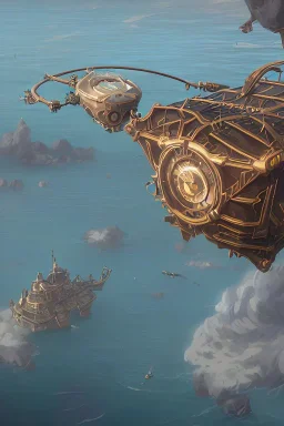 steampunk airship above a dangerous ocean