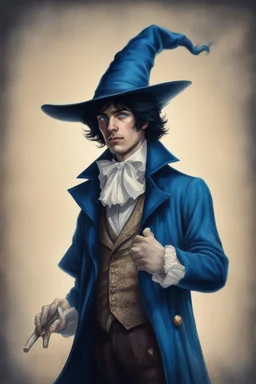 young black haired blue eyed dandy wizard in the style of beresford egan