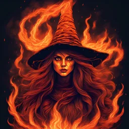 Witch in Flame orange colors witch hat and witch outfit made of flame with a mane of hair of flame and fire wand wreathed in intense flames, background fire night, in stipple art style