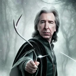 stunning, photoillustrative watercolor of Alan Rickman as Severus Snape with wand, ghost holographic realistic deer, artwork, Flickr, 8 k, detailed matte, ultrafine detail, high-quality, George Grie, Anne Dittman, Anne Stokes, Lisa Parker, Selina French, alphonse mucha