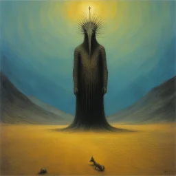 [art by Zdzisław Beksiński] A creature stirred, its reptilian eyes, I froze in terror, praying it wouldn't realize My presence, hidden, though my heart did pound. Then another came, adorned in tribal crown. Wandering these dunes, a mystery unbound, Visions and memories, swirling all around. What forces brought me to this alien ground? A soulful lament, my heart's resound.