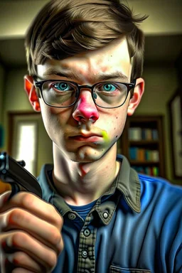 Fotorealistisch 16jähriger hübscher Nerd richtet seine Glock direkt auf die Kamera