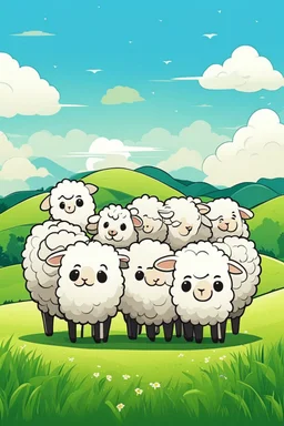 create an image with 4 cute sheep with the typography, happy face "sheep of faith", 2d, cartoon style, chibbi, kawai, a green field and blue sky in the background