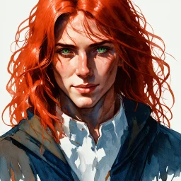 dnd, fantasy, watercolour, stylistic, portrait, illustration, dull colours, male, face, narrow face, weathered face, green eyes, determined, happy, red hair, very long hair streaming down the shoulders, radiating light, five o'clock shadow