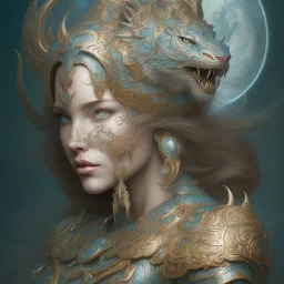 sango fantasy, fantasy magic, intricate, sharp focus, illustration, highly detailed, digital painting, concept art, matte, artgerm and paul lewin and kehinde wiley, masterpiece silver tiger head bronze Asian African nice breast Afo woman turquoise snow waves