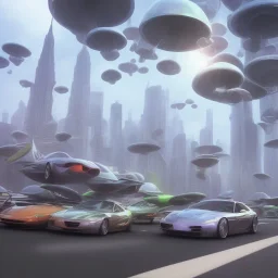 futurist traffic jam in New york 3D blender full lenght with big flying mushrooms in the sky and tall towers