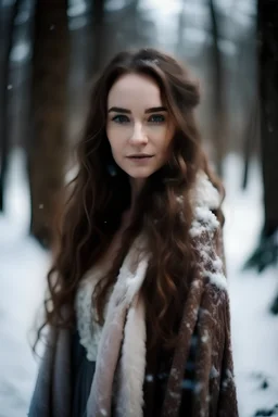 Portrait of a young woman, long brown hair, brown eyes, wearing a gown made of snow and ice, background winter forest