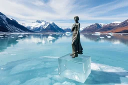 in a frozen sea with pretty mountains a full lady statue in artist pose standing over a ice block looking at camera, of clear glass like ice that going to melt and water drops fall from all body.