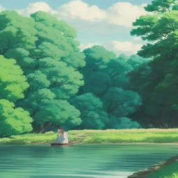 Girl sitting by the river, green landscape with bioluminescent trees, high quality, intricate detail, sharp focus, theme park, romantic, at dusk, light dust, makoto shinkai, studio ghibli