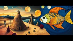 CREATE AN IMAGE BY MIXING BALANCED AND COMPOSITIVELY THE WORKS OF The Persistence of Memory BY Salvador Dalí AND Magic of Fish BY Paul Klee, BLENDING DALÍ'S MELTING CLOCKWORKS WITH KLEE'S VIBRANT FISH SHAPES, FEATURING DREAMLIKE LANDSCAPES, SURREALISTIC OBJECTS, AND ABSTRACT FORMS, WITH A COLOR PALETTE THAT COMBINES DALÍ'S EARTH TONES AND KLEE'S BOLD BLUE AND YELLOW HUES, INCORPORATING TEXTURES AND PATTERNS FROM BOTH ARTISTS' STYLES, WITH A FOCUS ON CREATING A THOUGHT-PROVOKING AND VISUALLY STUN
