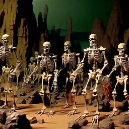 Stop motion animation, vintage animation art of an army of seven warrior skeletons from Jason and the Argonauts, ancient landscape, fantasy adventure, gothic warfare, cartoonist illustration, luminous, comic book style drawing in the style of Ray Harryhausen, Darren G. Davis, Scott Davis, airbrush 90s art, graphic novel, highly detailed, mythological fantasy, epic saga,