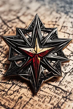 abstract symbol of an ancient Catalan female vampire coven , in the form of highly detailed 12 pointed star lapel pin, in the graphic novel style of Bill Sienkiewicz
