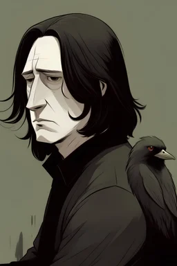 young severus snape with corvid on shoulder looking disgusted
