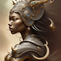 Sango fantasy, fantasy magic, intricate, sharp focus, illustration, highly detailed, digital painting, concept art, matte, art germ and Paul Lewin and Kehinde Wiley, masterpiece Indonesian lady head bronze tiger Asian African girl nice breast Hawaiian hair turquoise silver waves