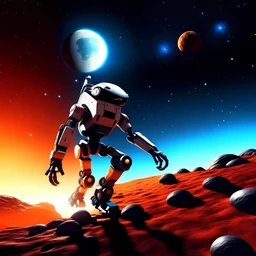 un robot saltando en marte bajo una luna brillante con un fondo de una galaxia cercana y un cometa atravesando el cielo