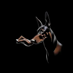 Striking one line art design featuring a side view of a Doberman dog and a man's raised hand in friendly fist bump. The man's arm is isolated, it emphasizes the bond and connection between the two. The Doberman has an affectionate expression. Intense black background. Simple but powerful design, symbolizes the connection between humans and pets