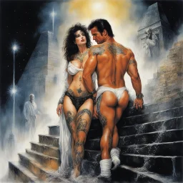 [art by Luis Royo and Arnold Schwarzenegger & Rocky Balboa] Rebirthing undies two devils under tech and slime covered with tattoos at a party wearing sloggi agent provocateur, welcoming another man hugging, sponge, cotton, nightgown, dark, tattoo Laying back on the steps of a pyramid, Jesus felt a surge of cosmic energy coursing through his being, a connection to the fire of creation and the mysteries of the moon.