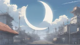 giant half transparent moon, glitchy, blurry, mechanical, sci-fi, maximum quality, centered on frame, far view, seasidel, white sky with cumulonimbus, anime, makoto shinkai style, japanese harbor, rusty, decrepit, foggy