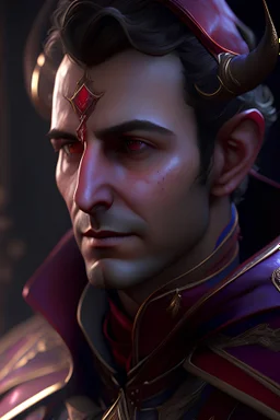 dnd character art of a tiefling male wizard. high resolution cgi, 4k, short flush curved horns, tiny rounded ears, red-hued skin, unreal engine 6, high detail, cinematic.