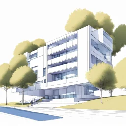 Dibujo arquitectónico de un edificio de cinco pisos, moderno, diseñado aplicando la proporción, estilo minimalista futurista, calidad ultra, gente, árboles, colores complementarios