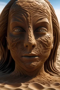 Close-up Portrait of a Female looking at the camera, symmetrical asymmetry, Massive Bronze Sculpture in the sands of a broad beach, Beksinski & Moebius, Sci-fi Fantasy Realism, Surrealism Pareidolia Filled With Negative Space
