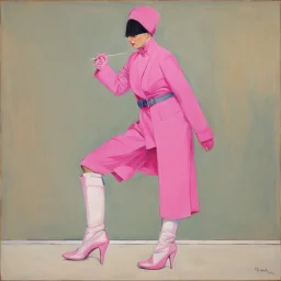 [Kupka] Mother Theresa in a pink battlesuit pink gloves and pink high heel boots. The Ministry of Silly Walks.