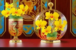 hypersigil photograph of a beautiful yellow and red orchid in a clear glass rococo inspired vase on a mirrored deco themed end table in a shadowy corner of a nouveau era room with wood paneling in the style of Robert maplethorpe, tropical birds, lizards, snakes, insects, gorgeous, shamanic, ethereal, photorealistic, embellishments, long shot, wide shot, dof, deep focus, 3d render