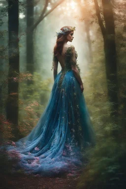 Close Up Photography Realistic Cinematic colors, beautiful forest woman, photography art style, full body view, a mystical forest, At the center of the photography beautiful Nature Woman, a striking figure of ethereal beauty, The beautiful woman is adorned in a gown made of living flowers and leaves, The gown shimmers with a soft, iridescent glow