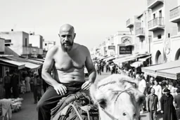 man looking like "Walter White" in breaking bad tv show, bald and goatee, with bare chest riding on a camel in a alley Casablanca town, panorama, black and white photo, lot of markets and people in background
