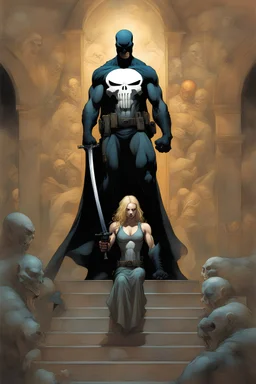 Lenore Nemoy, The Punisher, extremely tall, 6'6" 250lbs, thick, muscular, crew-cut blonde hair, blue eyes - multicolored watercolor stained wall in the background, in the art style of Boris Vallejo, Frank Frazetta, Julie bell, Caravaggio, Rembrandt, Michelangelo, Picasso, Gilbert Stuart, Gerald Brom, Thomas Kinkade, Neal Adams - professional quality studio 8x10 UHD Digital photograph by Scott Kendall - paint splattered wall in the background, multicolored overhead spotlight, Photorealistic, rea